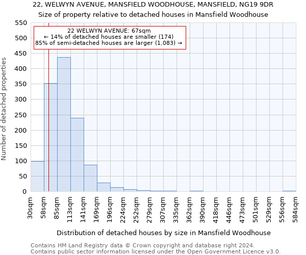 22, WELWYN AVENUE, MANSFIELD WOODHOUSE, MANSFIELD, NG19 9DR: Size of property relative to detached houses in Mansfield Woodhouse