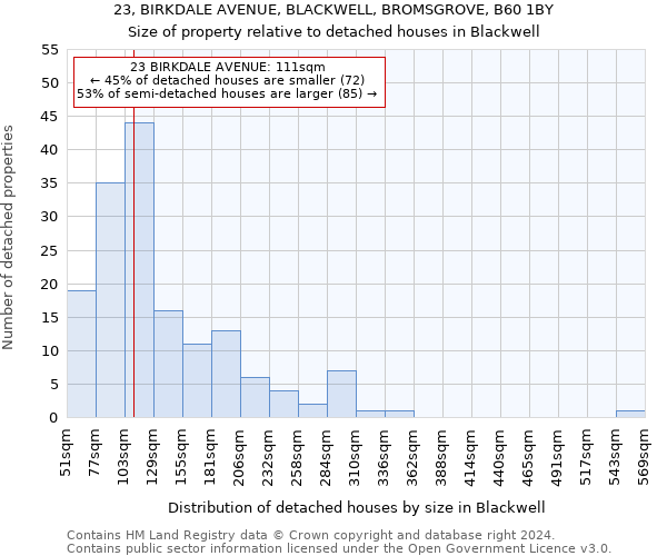 23, BIRKDALE AVENUE, BLACKWELL, BROMSGROVE, B60 1BY: Size of property relative to detached houses in Blackwell
