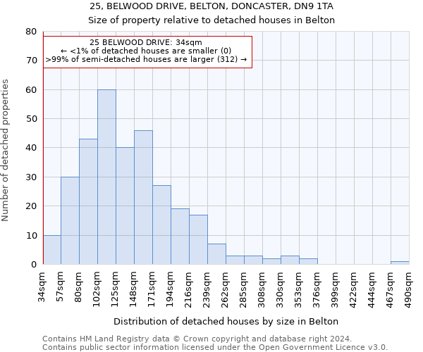 25, BELWOOD DRIVE, BELTON, DONCASTER, DN9 1TA: Size of property relative to detached houses in Belton