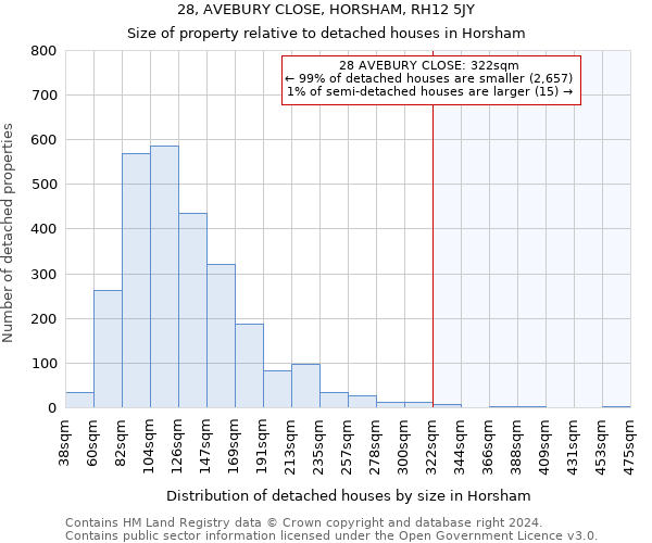 28, AVEBURY CLOSE, HORSHAM, RH12 5JY: Size of property relative to detached houses in Horsham