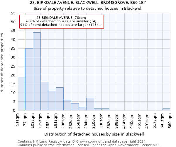 28, BIRKDALE AVENUE, BLACKWELL, BROMSGROVE, B60 1BY: Size of property relative to detached houses in Blackwell