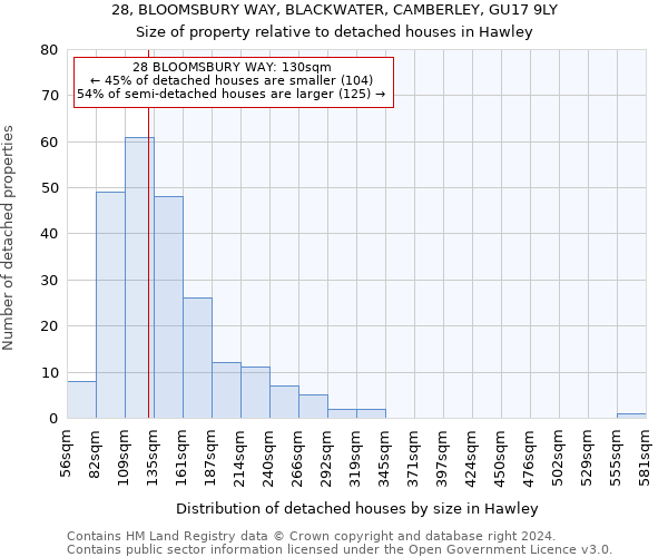 28, BLOOMSBURY WAY, BLACKWATER, CAMBERLEY, GU17 9LY: Size of property relative to detached houses in Hawley