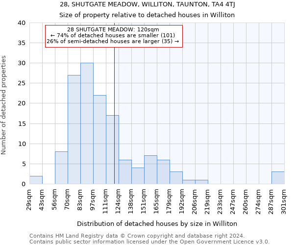 28, SHUTGATE MEADOW, WILLITON, TAUNTON, TA4 4TJ: Size of property relative to detached houses in Williton