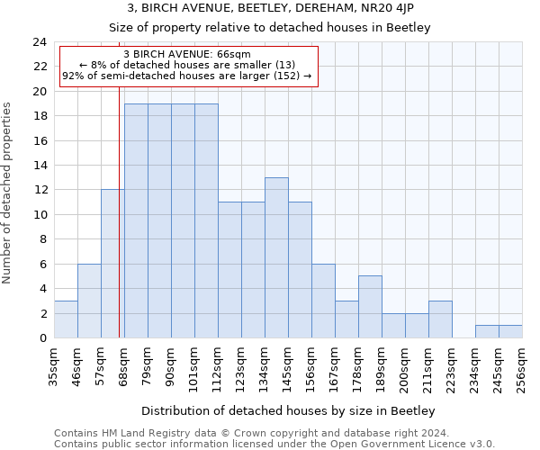 3, BIRCH AVENUE, BEETLEY, DEREHAM, NR20 4JP: Size of property relative to detached houses in Beetley