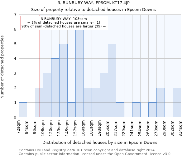 3, BUNBURY WAY, EPSOM, KT17 4JP: Size of property relative to detached houses in Epsom Downs