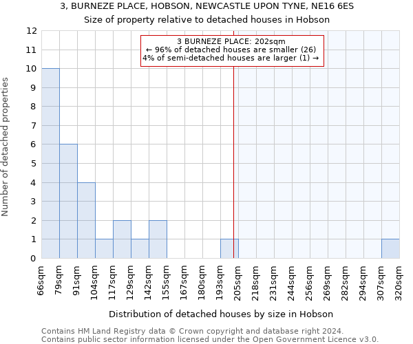 3, BURNEZE PLACE, HOBSON, NEWCASTLE UPON TYNE, NE16 6ES: Size of property relative to detached houses in Hobson