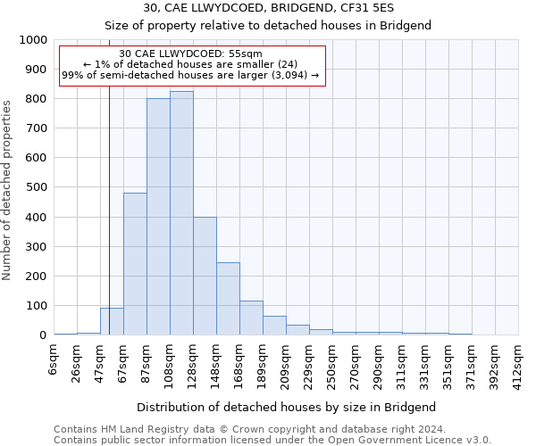 30, CAE LLWYDCOED, BRIDGEND, CF31 5ES: Size of property relative to detached houses in Bridgend