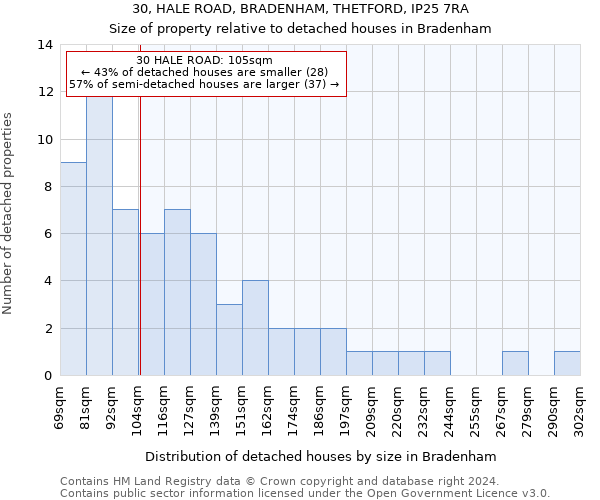30, HALE ROAD, BRADENHAM, THETFORD, IP25 7RA: Size of property relative to detached houses in Bradenham