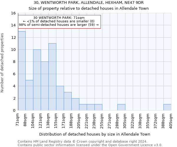 30, WENTWORTH PARK, ALLENDALE, HEXHAM, NE47 9DR: Size of property relative to detached houses in Allendale Town