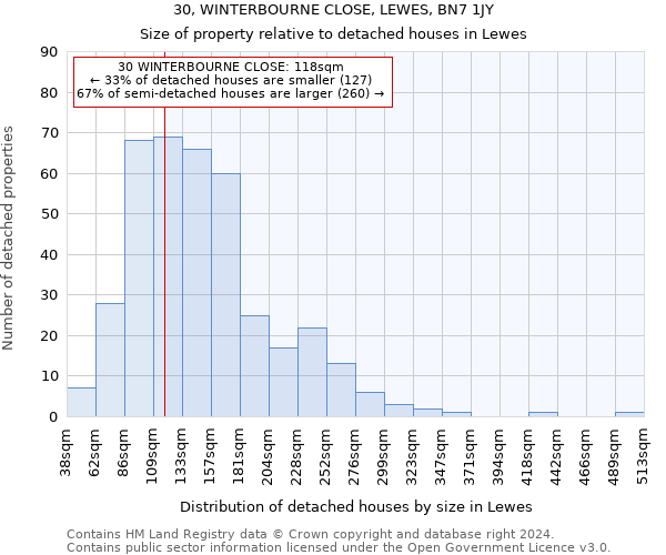 30, WINTERBOURNE CLOSE, LEWES, BN7 1JY: Size of property relative to detached houses in Lewes