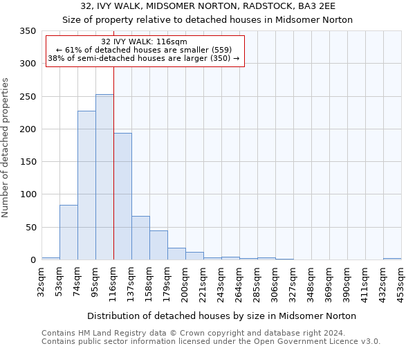 32, IVY WALK, MIDSOMER NORTON, RADSTOCK, BA3 2EE: Size of property relative to detached houses in Midsomer Norton