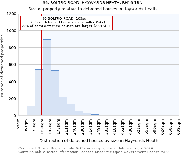 36, BOLTRO ROAD, HAYWARDS HEATH, RH16 1BN: Size of property relative to detached houses in Haywards Heath