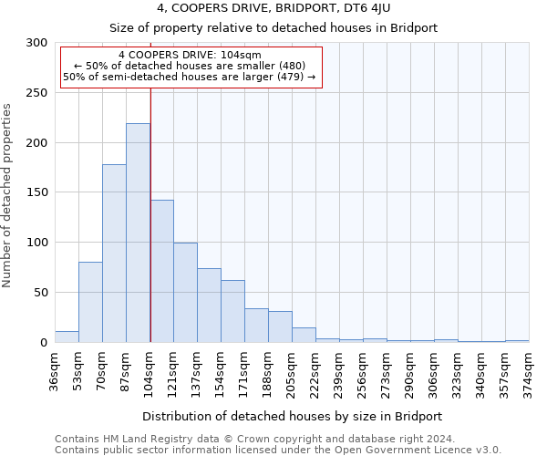 4, COOPERS DRIVE, BRIDPORT, DT6 4JU: Size of property relative to detached houses in Bridport
