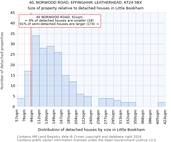 40, NORWOOD ROAD, EFFINGHAM, LEATHERHEAD, KT24 5NX: Size of property relative to detached houses in Little Bookham