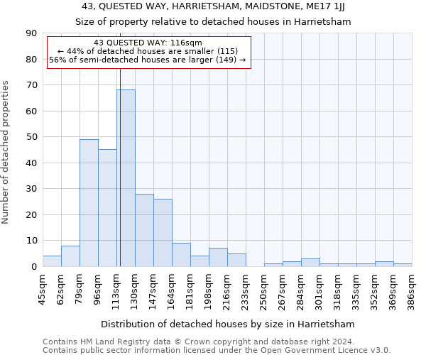 43, QUESTED WAY, HARRIETSHAM, MAIDSTONE, ME17 1JJ: Size of property relative to detached houses in Harrietsham