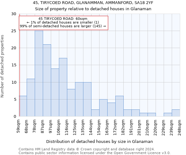 45, TIRYCOED ROAD, GLANAMMAN, AMMANFORD, SA18 2YF: Size of property relative to detached houses in Glanaman