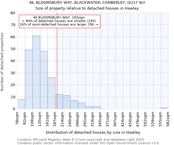 46, BLOOMSBURY WAY, BLACKWATER, CAMBERLEY, GU17 9LY: Size of property relative to detached houses in Hawley