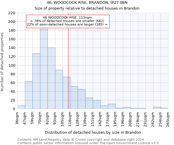 46, WOODCOCK RISE, BRANDON, IP27 0BN: Size of property relative to detached houses in Brandon