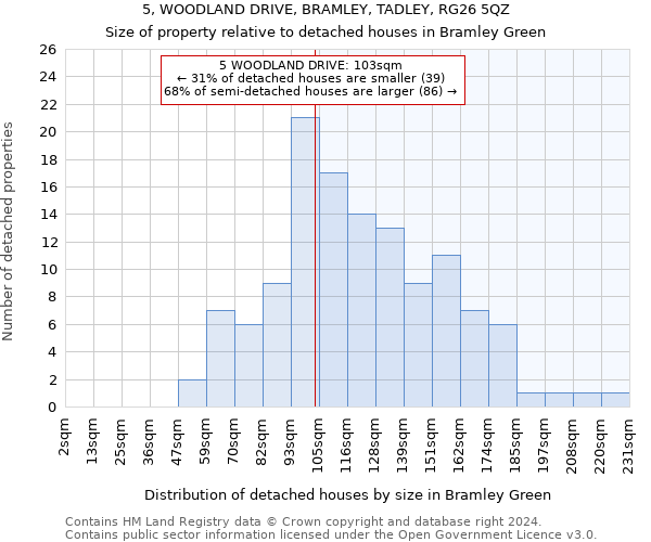 5, WOODLAND DRIVE, BRAMLEY, TADLEY, RG26 5QZ: Size of property relative to detached houses in Bramley Green