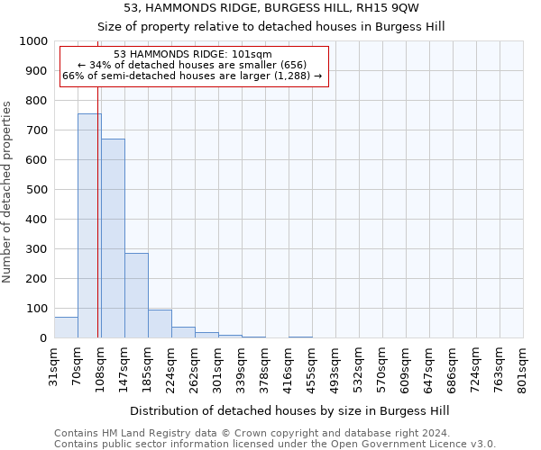 53, HAMMONDS RIDGE, BURGESS HILL, RH15 9QW: Size of property relative to detached houses in Burgess Hill