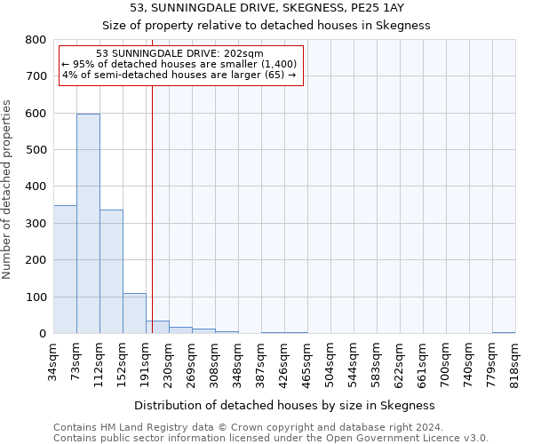 53, SUNNINGDALE DRIVE, SKEGNESS, PE25 1AY: Size of property relative to detached houses in Skegness