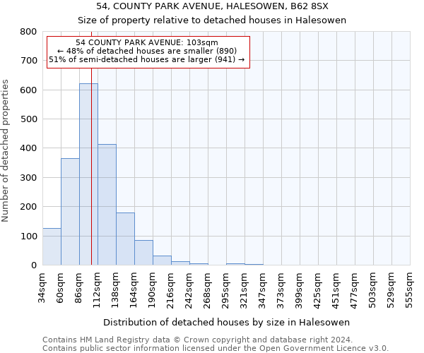 54, COUNTY PARK AVENUE, HALESOWEN, B62 8SX: Size of property relative to detached houses in Halesowen