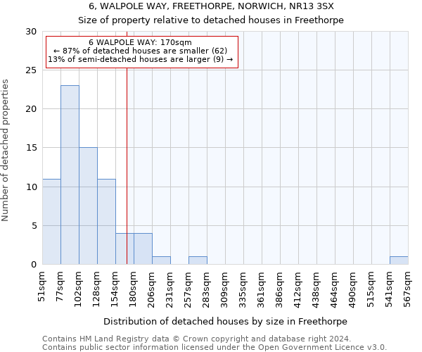 6, WALPOLE WAY, FREETHORPE, NORWICH, NR13 3SX: Size of property relative to detached houses in Freethorpe
