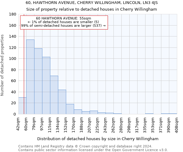 60, HAWTHORN AVENUE, CHERRY WILLINGHAM, LINCOLN, LN3 4JS: Size of property relative to detached houses in Cherry Willingham