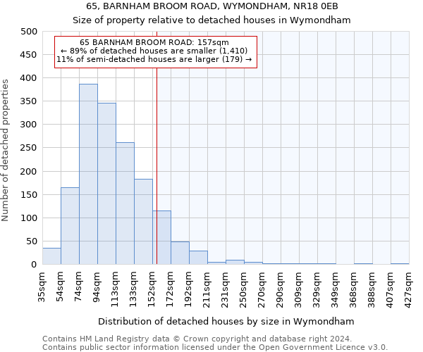 65, BARNHAM BROOM ROAD, WYMONDHAM, NR18 0EB: Size of property relative to detached houses in Wymondham