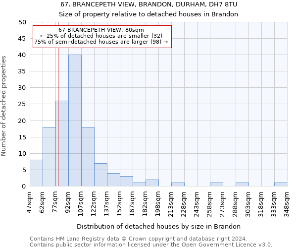 67, BRANCEPETH VIEW, BRANDON, DURHAM, DH7 8TU: Size of property relative to detached houses in Brandon