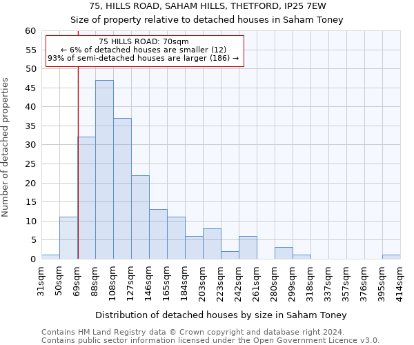 75, HILLS ROAD, SAHAM HILLS, THETFORD, IP25 7EW: Size of property relative to detached houses in Saham Toney