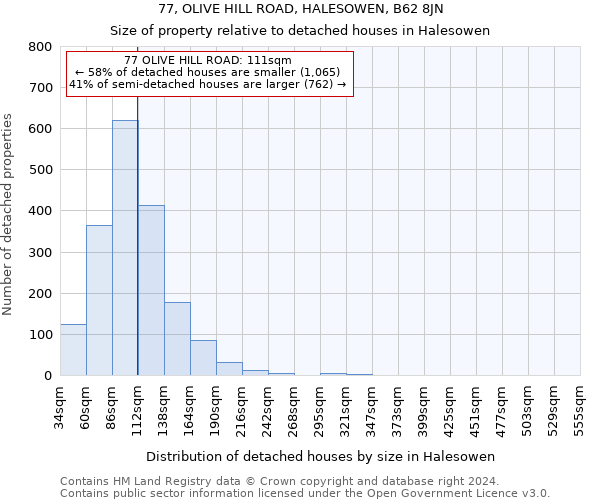 77, OLIVE HILL ROAD, HALESOWEN, B62 8JN: Size of property relative to detached houses in Halesowen