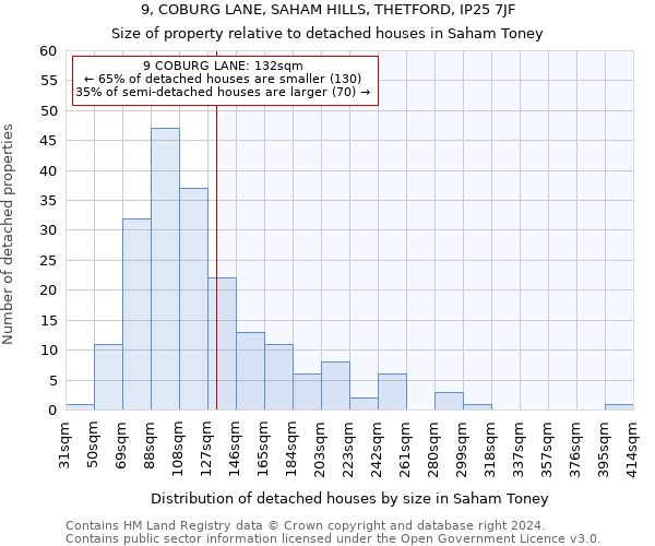 9, COBURG LANE, SAHAM HILLS, THETFORD, IP25 7JF: Size of property relative to detached houses in Saham Toney
