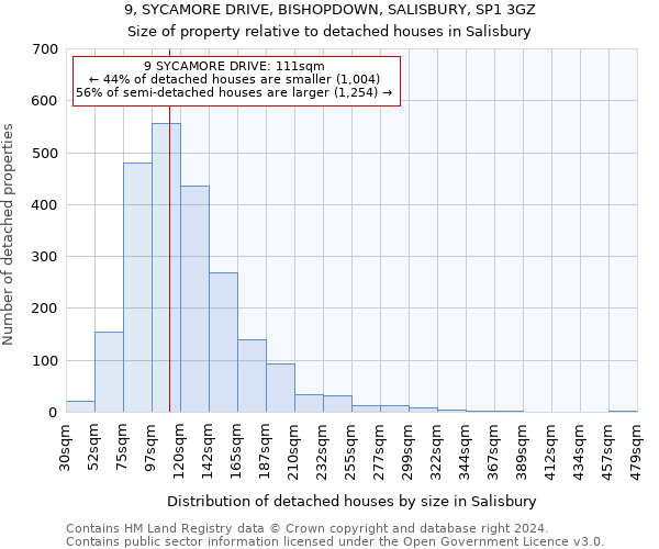 9, SYCAMORE DRIVE, BISHOPDOWN, SALISBURY, SP1 3GZ: Size of property relative to detached houses in Salisbury