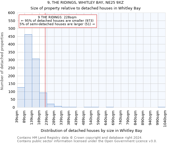 9, THE RIDINGS, WHITLEY BAY, NE25 9XZ: Size of property relative to detached houses in Whitley Bay