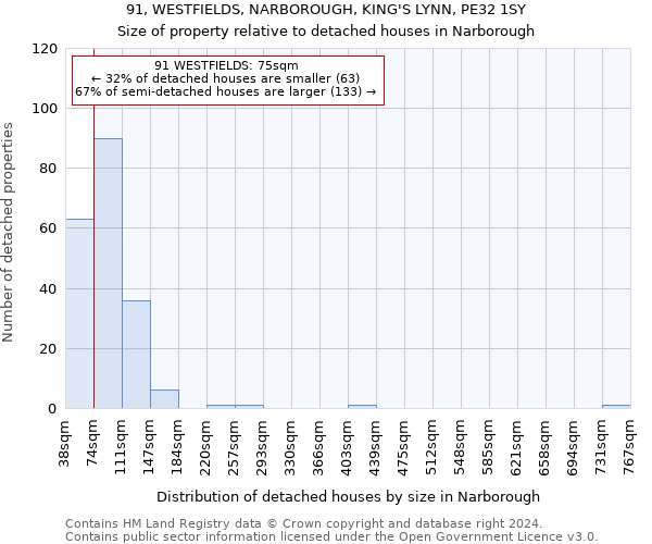 91, WESTFIELDS, NARBOROUGH, KING'S LYNN, PE32 1SY: Size of property relative to detached houses in Narborough