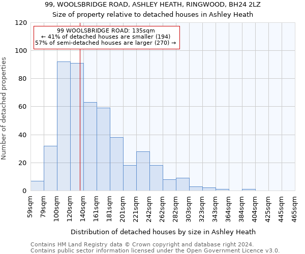 99, WOOLSBRIDGE ROAD, ASHLEY HEATH, RINGWOOD, BH24 2LZ: Size of property relative to detached houses in Ashley Heath