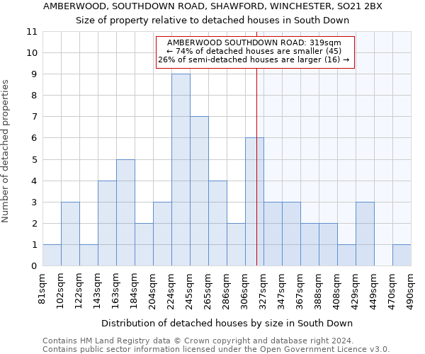 AMBERWOOD, SOUTHDOWN ROAD, SHAWFORD, WINCHESTER, SO21 2BX: Size of property relative to detached houses in South Down