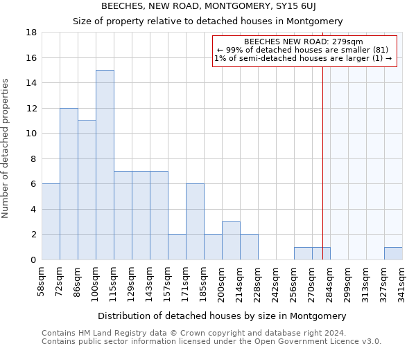 BEECHES, NEW ROAD, MONTGOMERY, SY15 6UJ: Size of property relative to detached houses in Montgomery