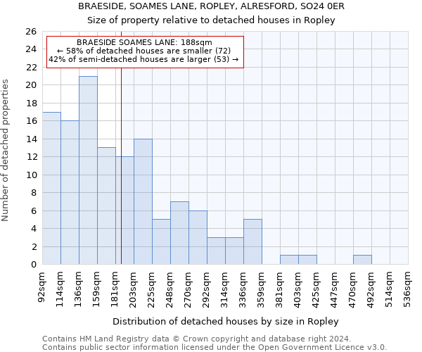 BRAESIDE, SOAMES LANE, ROPLEY, ALRESFORD, SO24 0ER: Size of property relative to detached houses in Ropley
