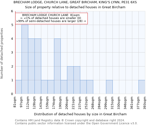 BRECHAM LODGE, CHURCH LANE, GREAT BIRCHAM, KING'S LYNN, PE31 6XS: Size of property relative to detached houses in Great Bircham