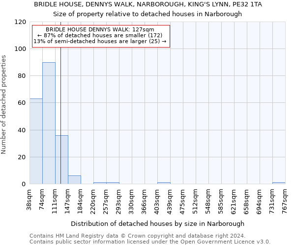 BRIDLE HOUSE, DENNYS WALK, NARBOROUGH, KING'S LYNN, PE32 1TA: Size of property relative to detached houses in Narborough