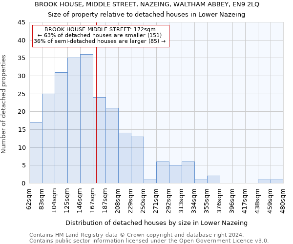 BROOK HOUSE, MIDDLE STREET, NAZEING, WALTHAM ABBEY, EN9 2LQ: Size of property relative to detached houses in Lower Nazeing