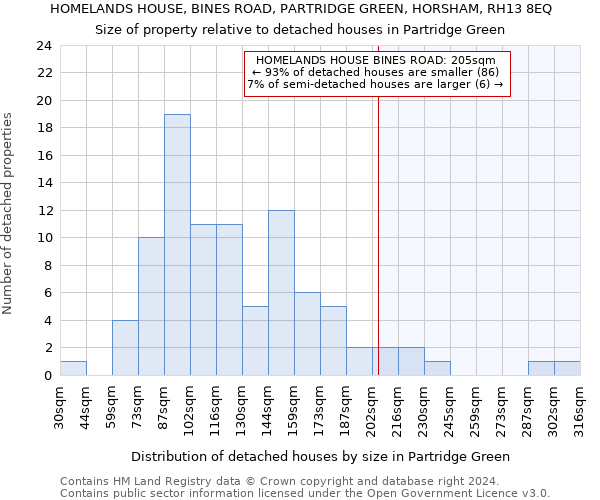 HOMELANDS HOUSE, BINES ROAD, PARTRIDGE GREEN, HORSHAM, RH13 8EQ: Size of property relative to detached houses in Partridge Green