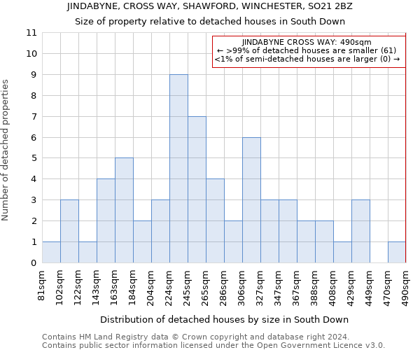 JINDABYNE, CROSS WAY, SHAWFORD, WINCHESTER, SO21 2BZ: Size of property relative to detached houses in South Down
