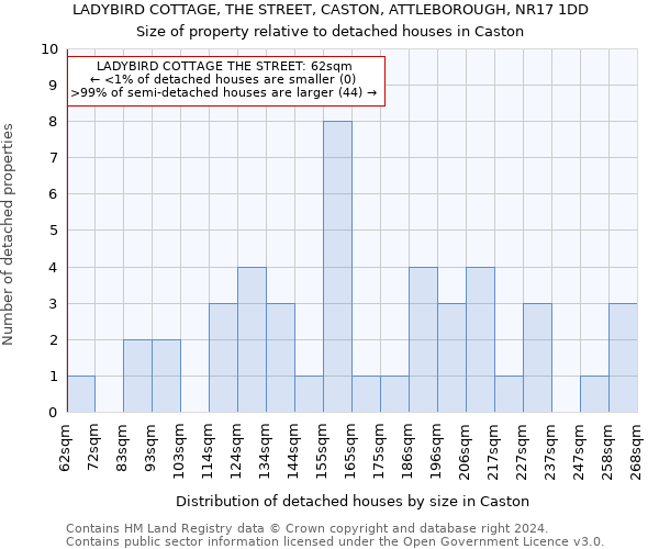 LADYBIRD COTTAGE, THE STREET, CASTON, ATTLEBOROUGH, NR17 1DD: Size of property relative to detached houses in Caston