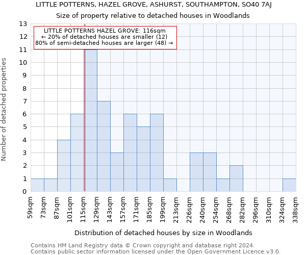 LITTLE POTTERNS, HAZEL GROVE, ASHURST, SOUTHAMPTON, SO40 7AJ: Size of property relative to detached houses in Woodlands