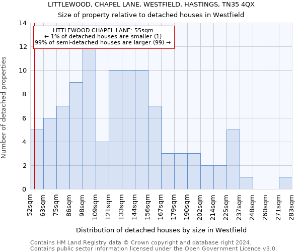 LITTLEWOOD, CHAPEL LANE, WESTFIELD, HASTINGS, TN35 4QX: Size of property relative to detached houses in Westfield
