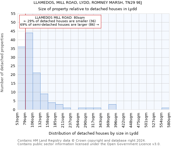LLAMEDOS, MILL ROAD, LYDD, ROMNEY MARSH, TN29 9EJ: Size of property relative to detached houses in Lydd