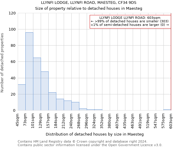 LLYNFI LODGE, LLYNFI ROAD, MAESTEG, CF34 9DS: Size of property relative to detached houses in Maesteg